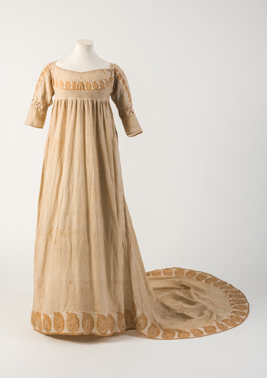 Orangeyellow impresso vestido de algodão, com pinha ou motivo patka, 1800 (algodão) de Unbekannt Unbekannt