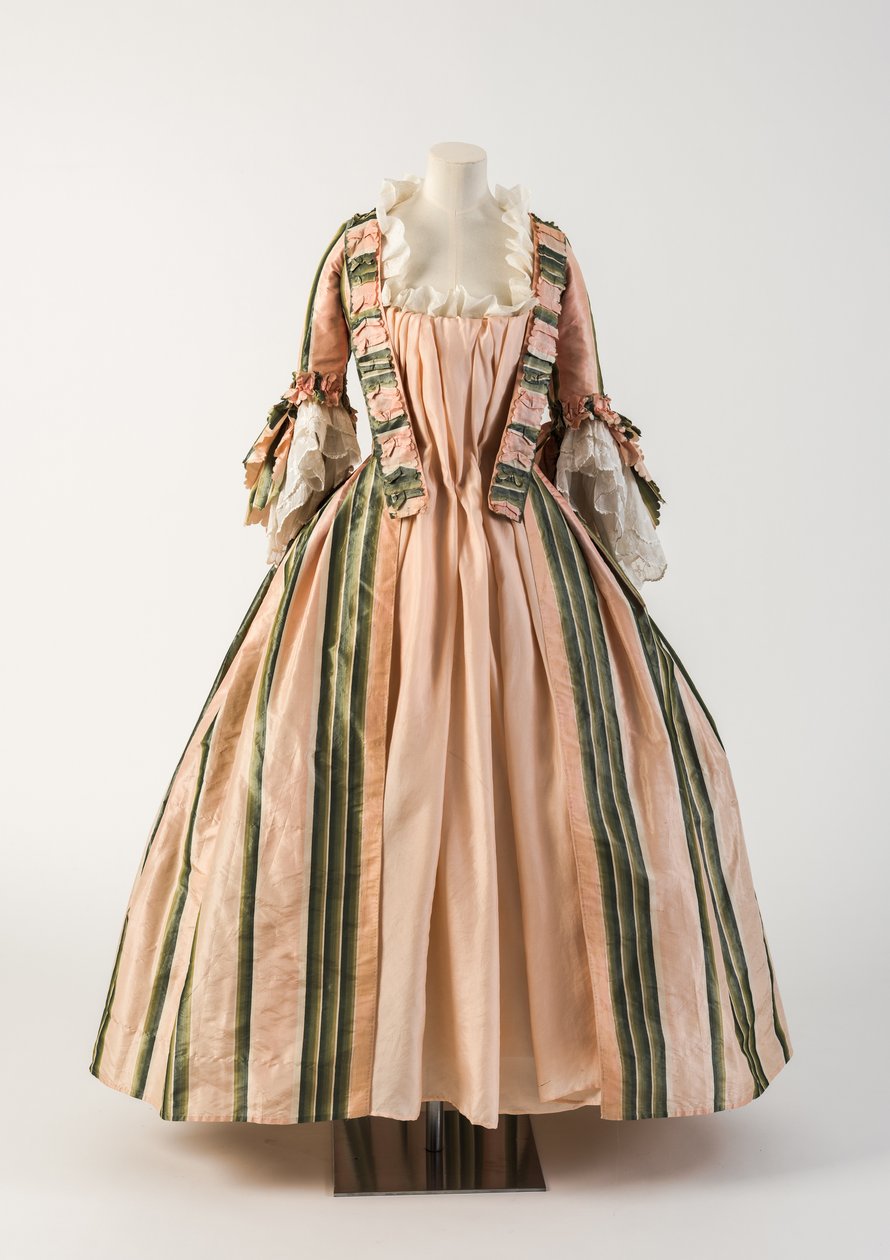 Túnica de seda listrada rosa e verde um langlaise, 1770s (seda) de Unbekannt Unbekannt