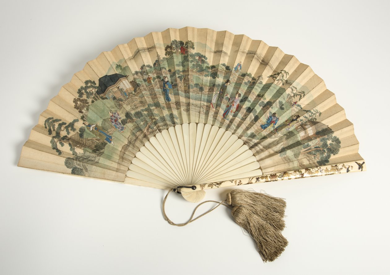 Fã de papel impresso, com figuras japonesas em uma paisagem, 1880 (marfim, papel e borlas) de Unbekannt Unbekannt