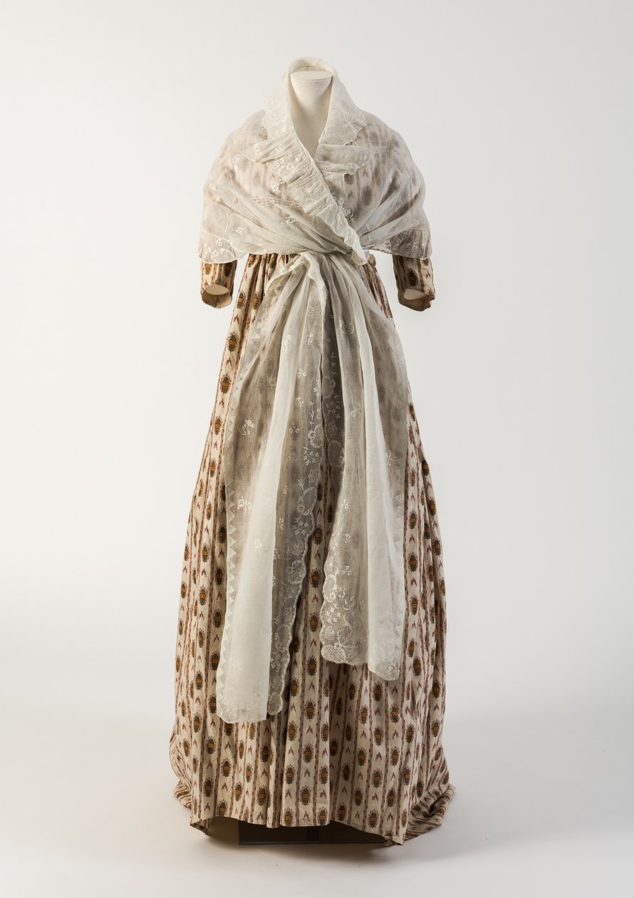 Vestido de algodão estampado vermelho e verde, 1790 (algodão) de Unbekannt Unbekannt