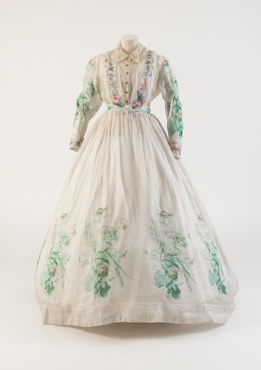 Vestido de musselina de algodão branco com estampado floral verde, década de 1860 (algodão) de Unbekannt Unbekannt