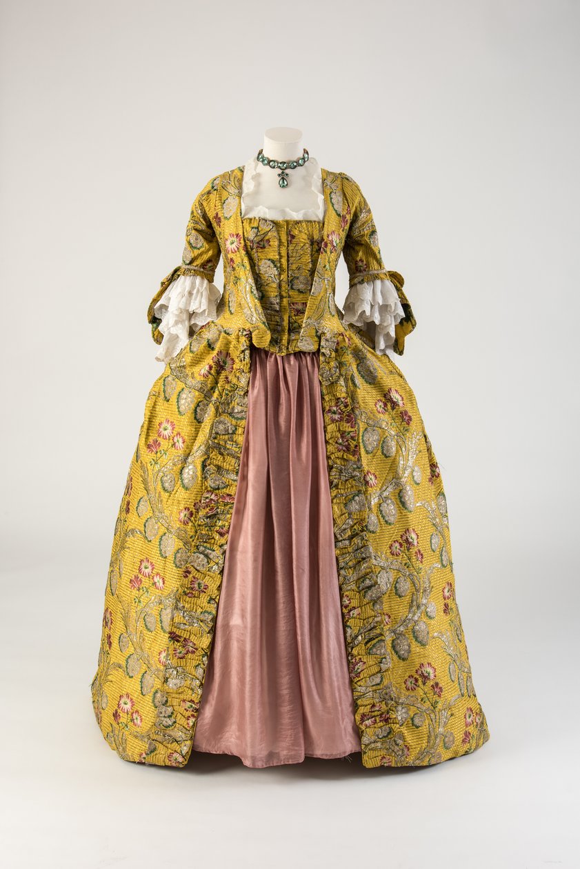 Roupão de seda amarelo e dourado à la française, 1760 (seda) de Unbekannt Unbekannt