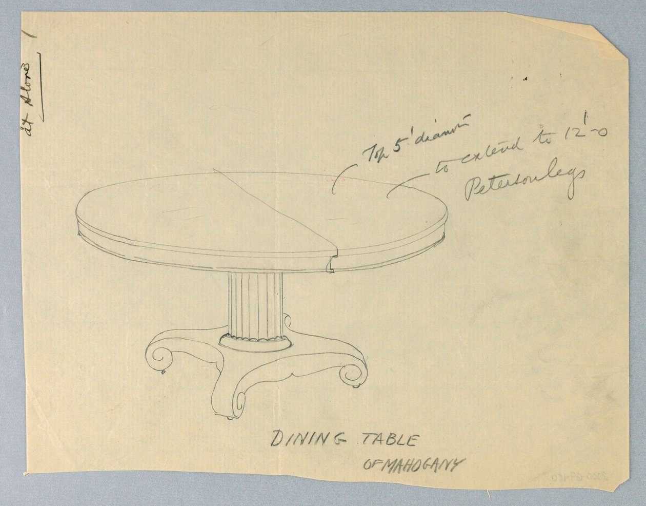 Desenho, Design para uma mesa de jantar redonda de mogno em pés semelhantes a pergaminhos de Unknown