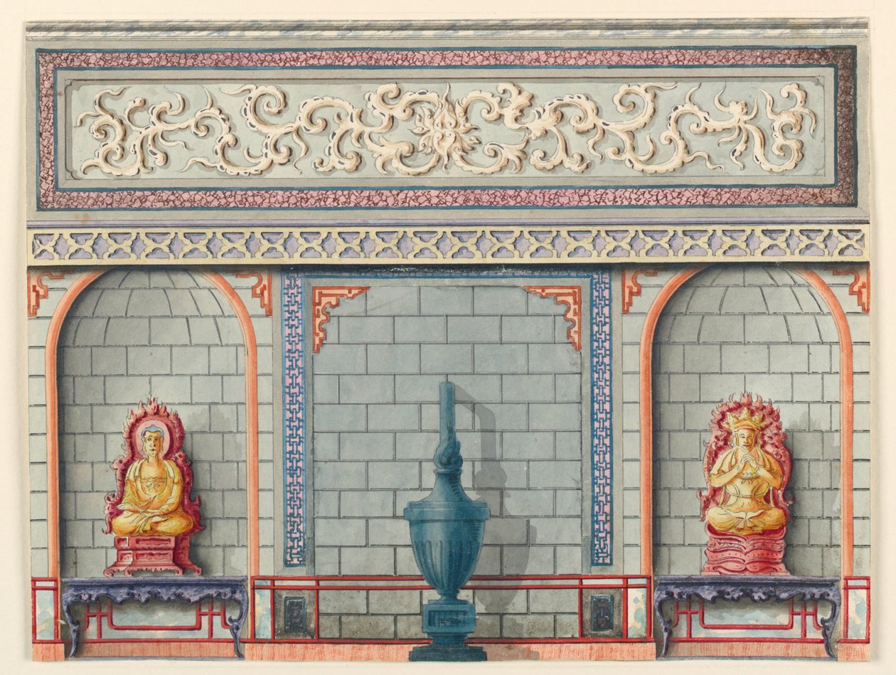 Desenho, Design para o Hall de entrada, a parede leste, o pavilhão real de Unknown