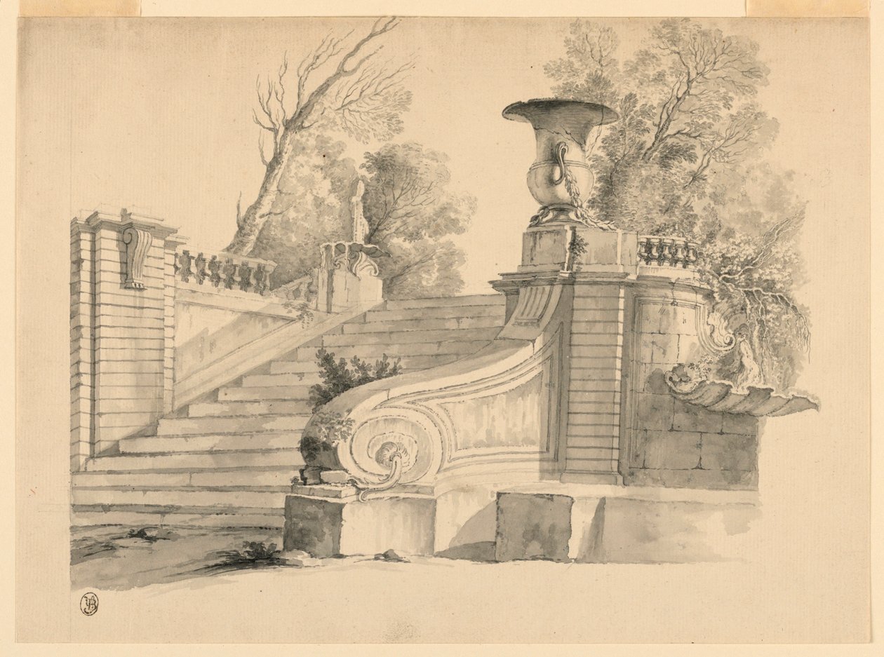 Desenho, Fantasia. Uma escadaria em um parque, em ruínas de Unknown