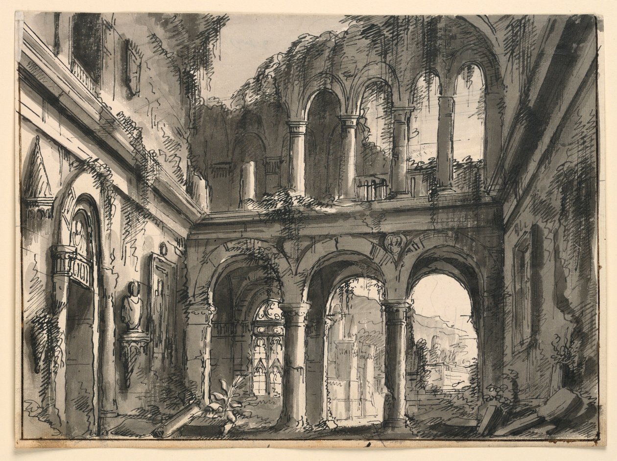 Desenho, cenografia, interior, de, arruinado, renascimento, palácio, cedo, 19o século de Unknown