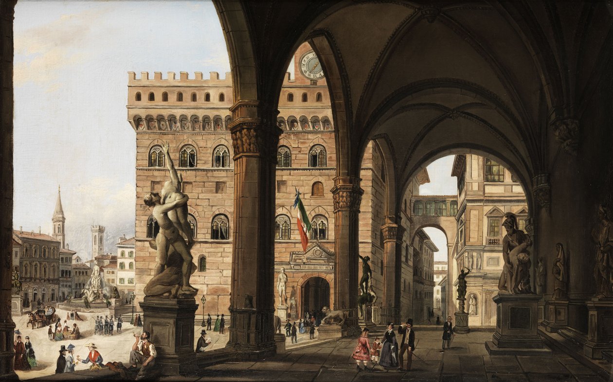 Vista da Loggia dei Lanzi ao Palazzo della Signoria em Florença de Unknown