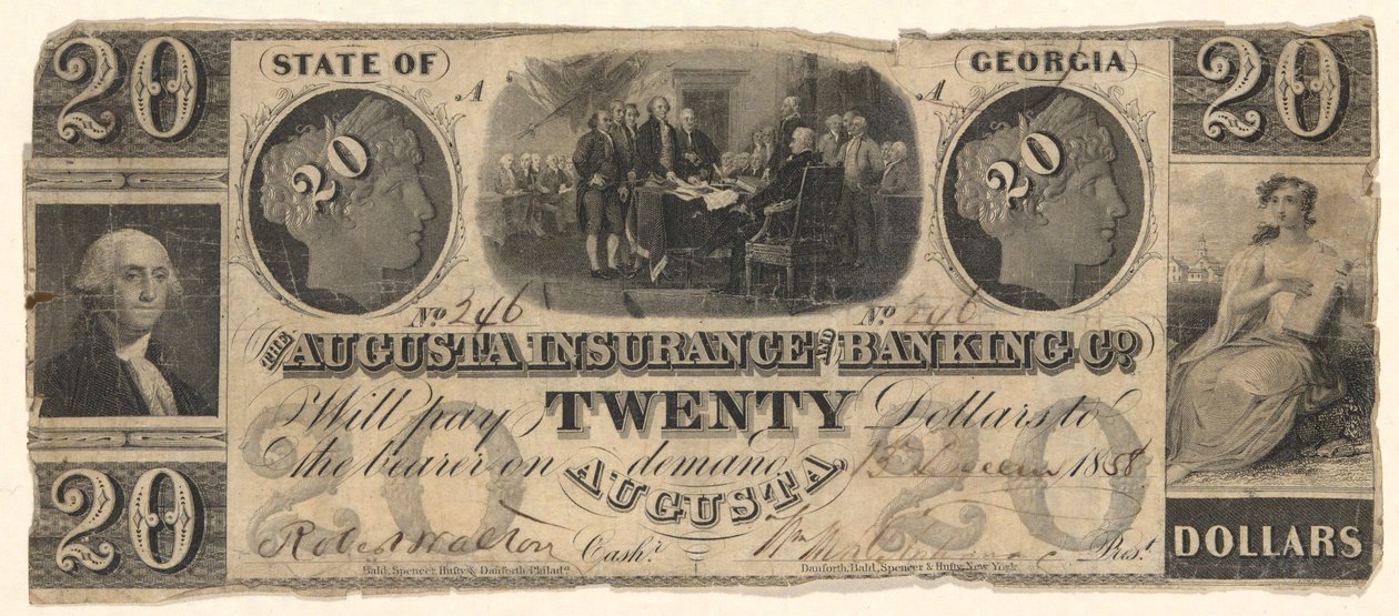Nota de 20 dólares emitida pela Augusta Insurance & Banking Co., Augusta, Geórgia em 1858 com gravuras da Declaração de Independência após Trumbull, Washington após Stuart (?) de Unknown