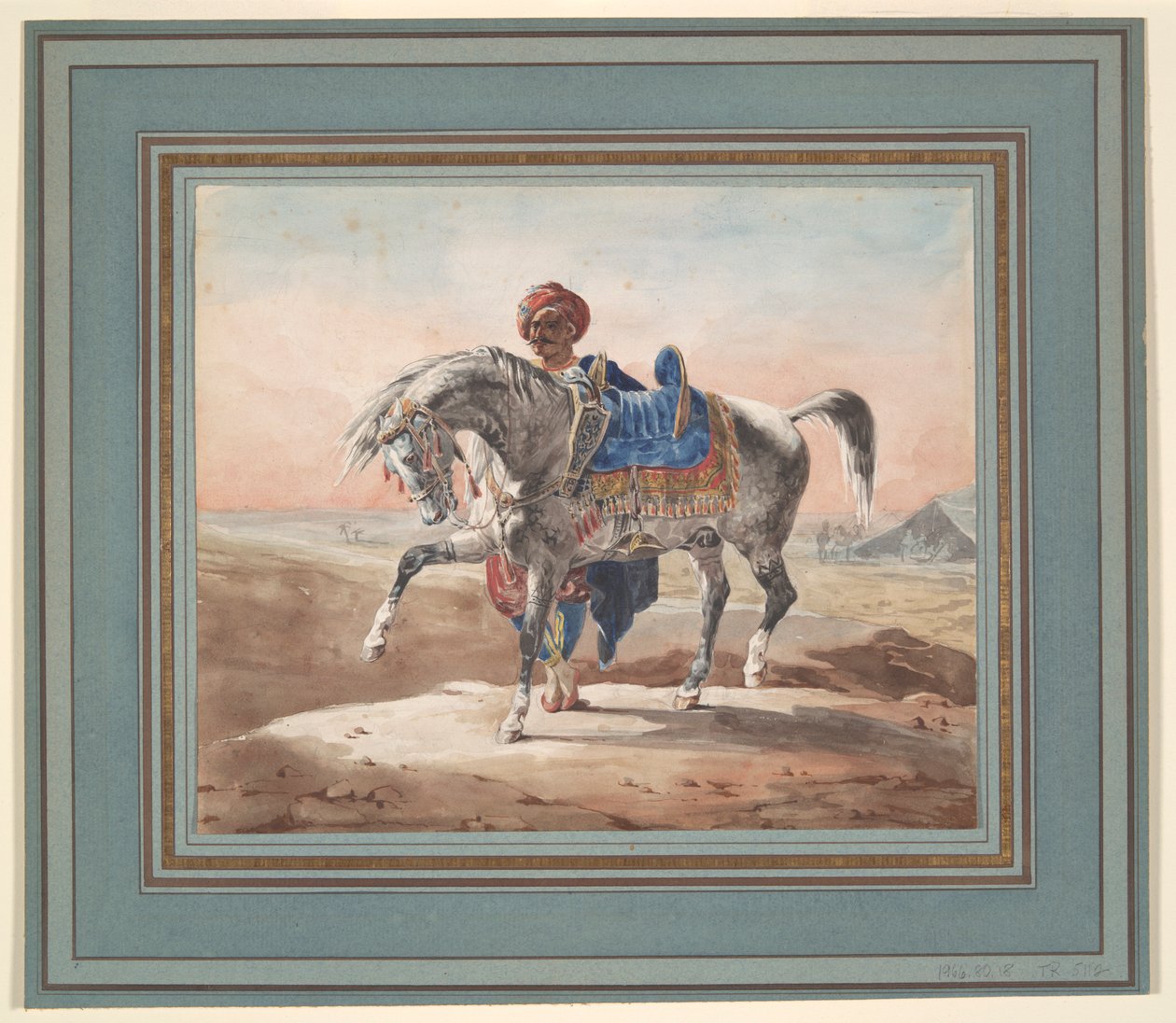 Árabe em pé ao lado de um cavalo de Unknown