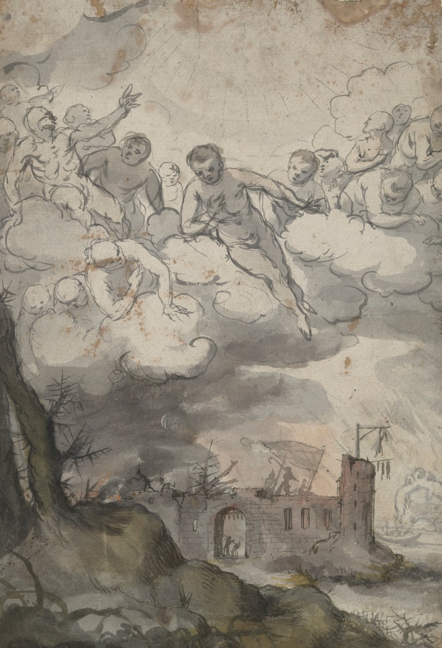 Figuras celestes acima de um castelo devastado pela Morte e pelo Diabo de Unknown
