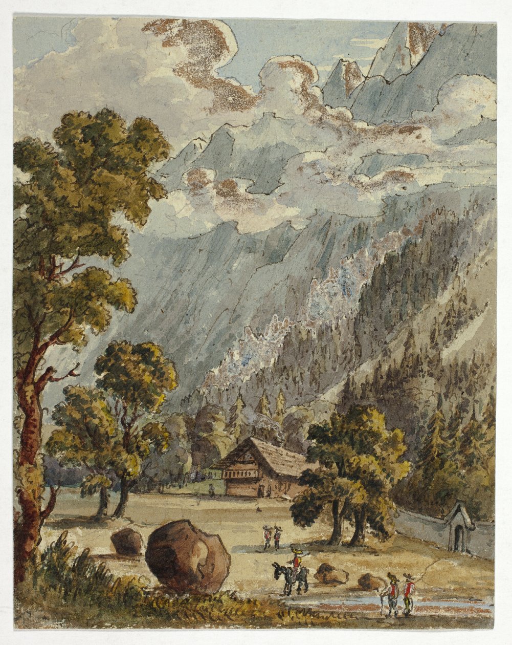 Chalé e jardim sob os Alpes (frente); Aldeia e glaciar de Boissons, Chamix (verso) de Unknown