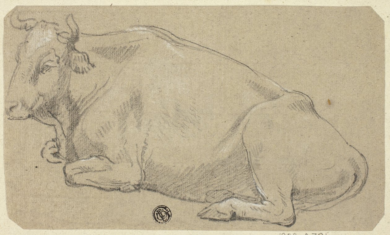 Vaca deitada sobre as ancas (anverso); cabeça de mulher e esboço de cabeça de cavalo (verso) de Unknown