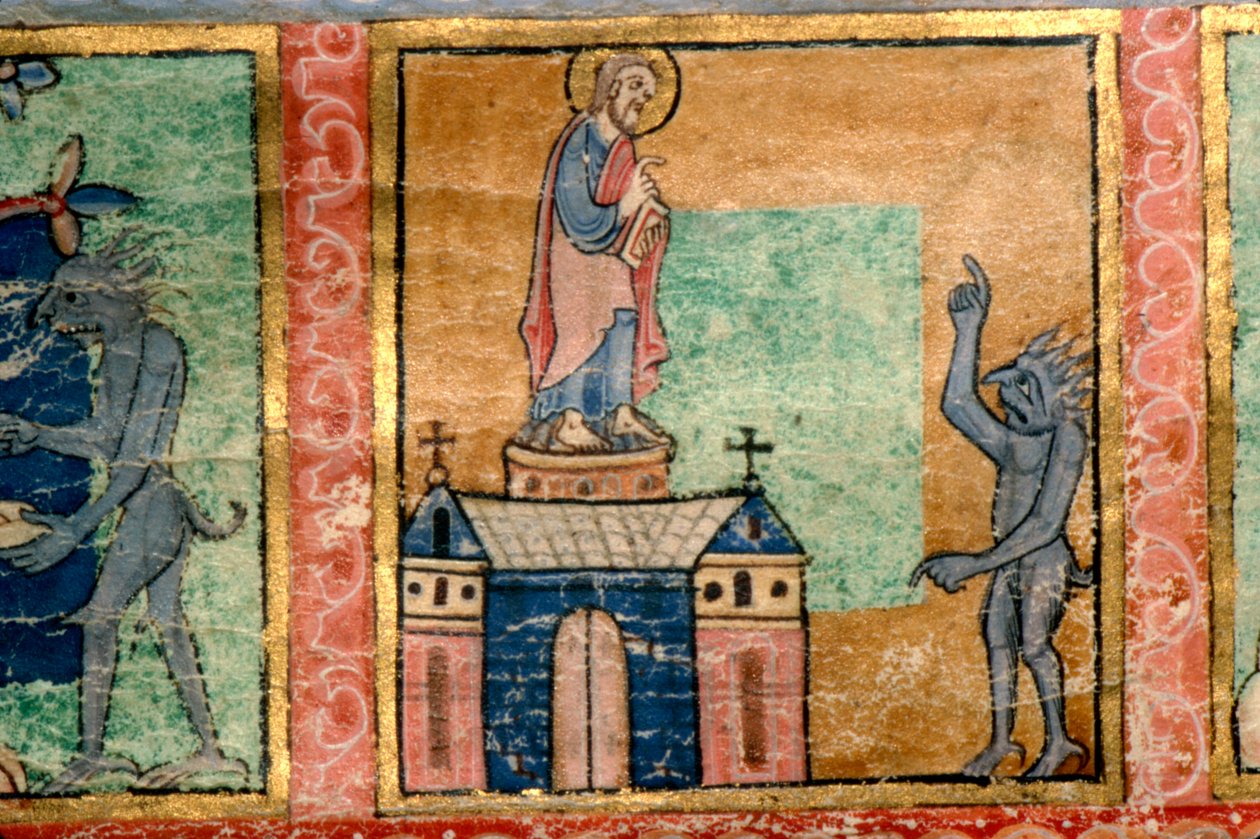 Detalhe de um Saltério, Tentação de Cristo segundo provavelmente iluminado em Canterbury, c1140 de Unknown