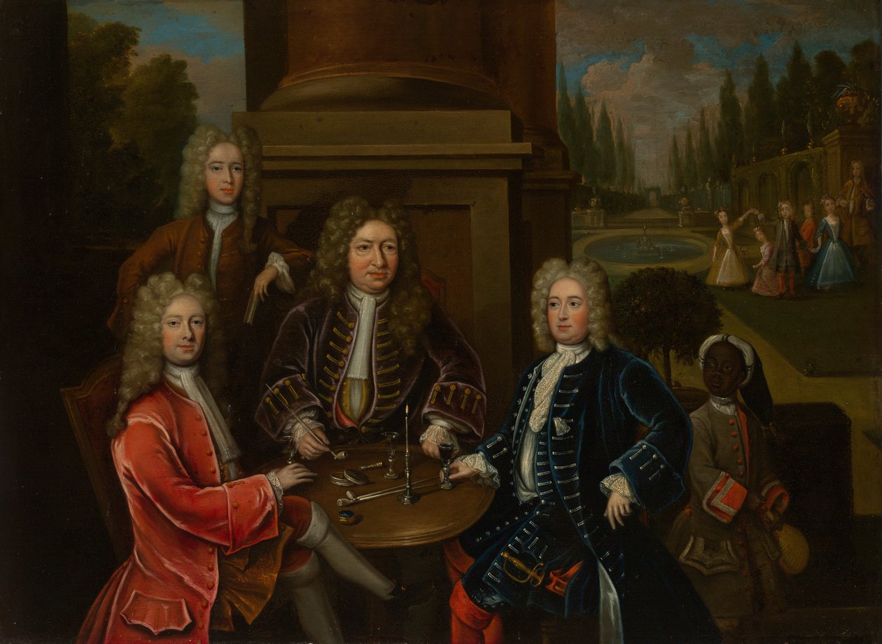 Elihu Yale sentado à mesa com o Segundo Duque de Devonshire e Lord James Cavendish de Unknown