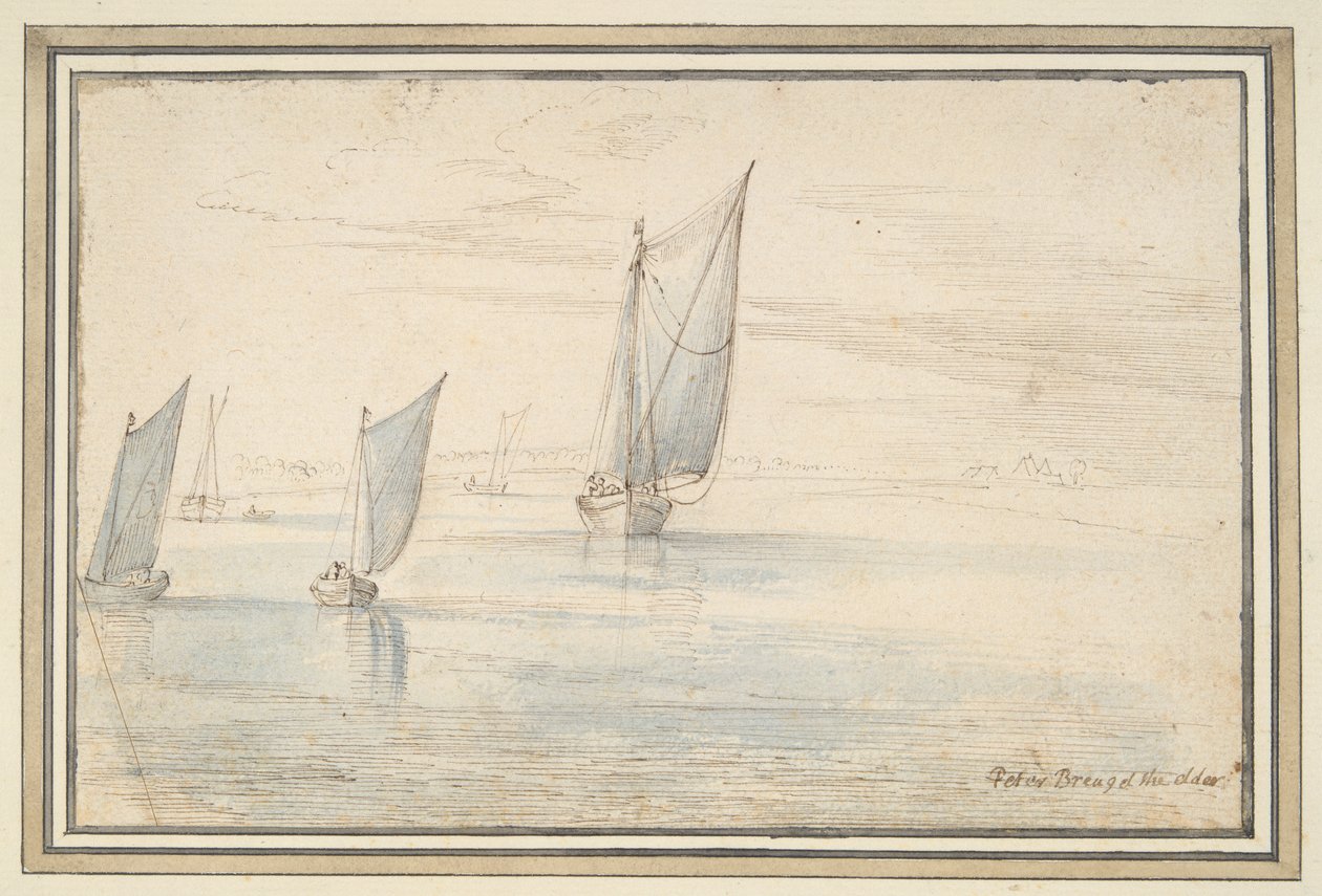 Cinco barcos navegando em um rio de Unknown