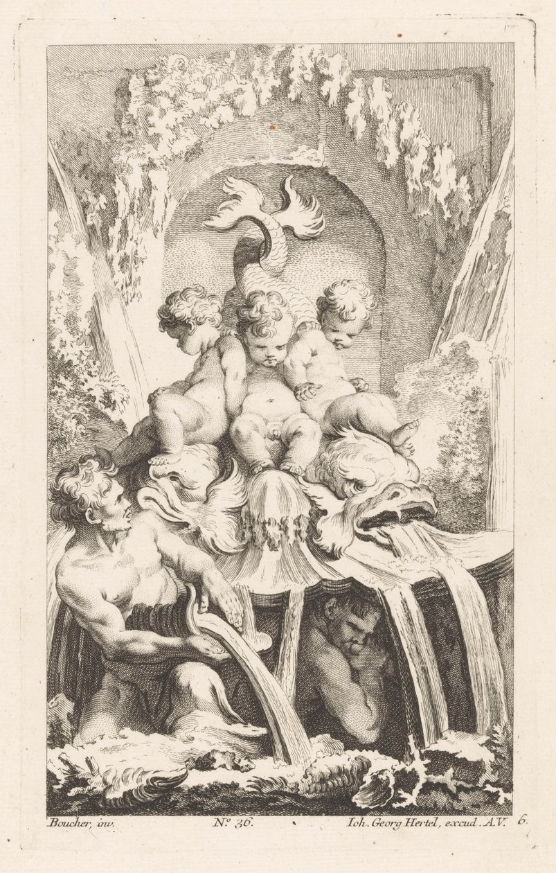 Fonte com putti e golfinhos Diversas Fontaines (título da série) de Unknown