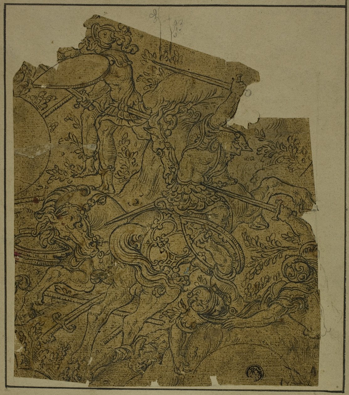 Fragmento: Guerreiros armados a cavalo lutando contra soldados de infantaria de Unknown