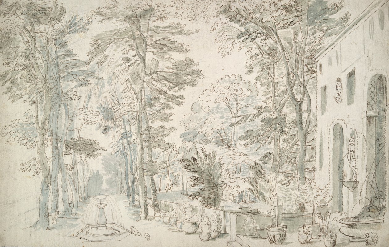 Jardim com fontes e arbustos em vaso de Unknown