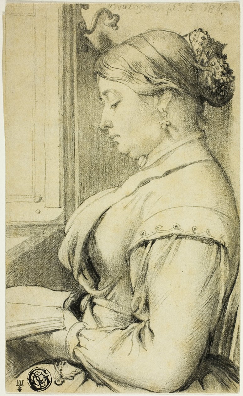 Retrato a meio comprimento de uma mulher (de perfil à esquerda) a ler junto a uma janela de ópera de Unknown