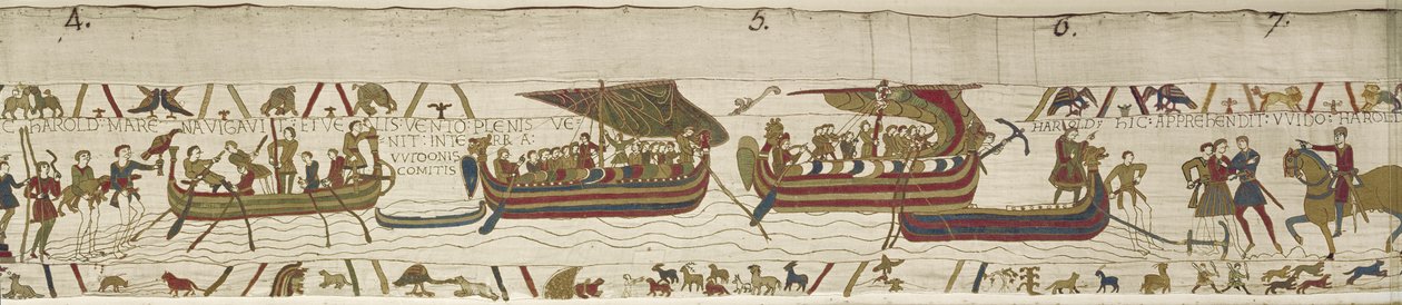 Harold atravessa o Canal para o território de Guy, Conde de Ponthieu, onde é capturado, tapeçaria de Bayeux (bordados de lã sobre linho) de Unknown