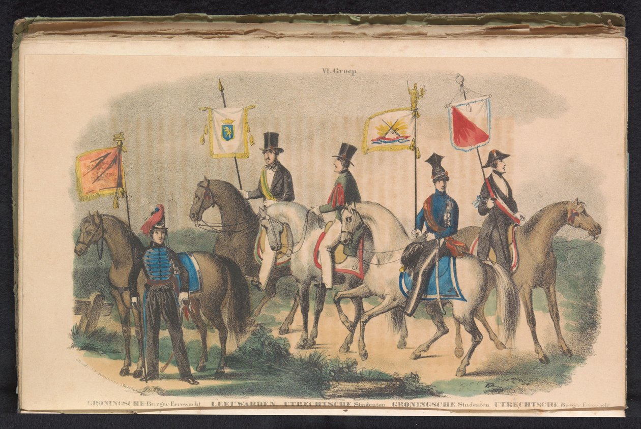 Trajes e bandeiras das guardas de honra de Groningen, Leeuwarden e Utrecht, 1840-1842 VI. Grupo (título no objeto) de Unknown