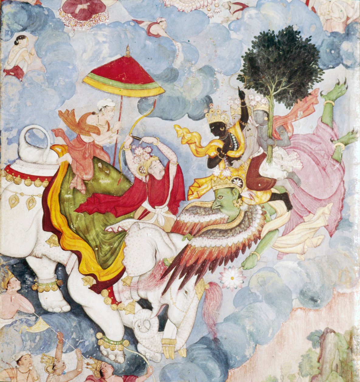 Krishna, no Bird-God, Garuda luta contra Indra no elefante, manuscrito de Harivamsa, c1590 de Unknown
