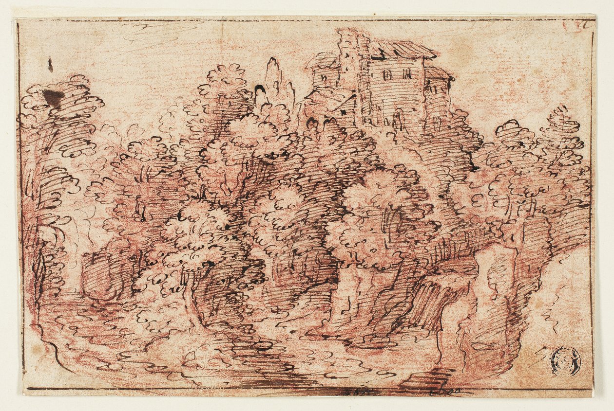 Paisagem: Casa na Colina Arborizada de Unknown