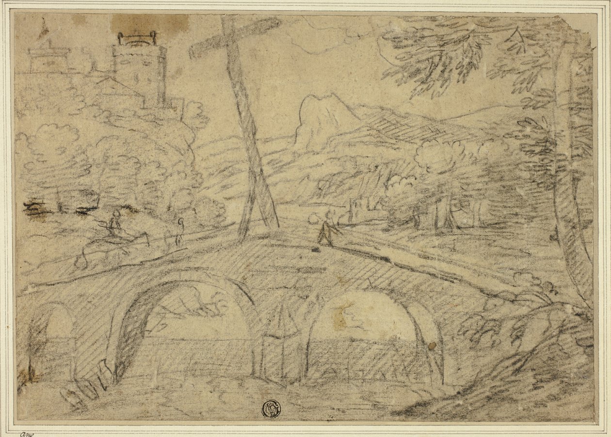 Paisagem com ponte (com cruz) sobre o desfiladeiro, com montanhas e castelo à distância de Unknown