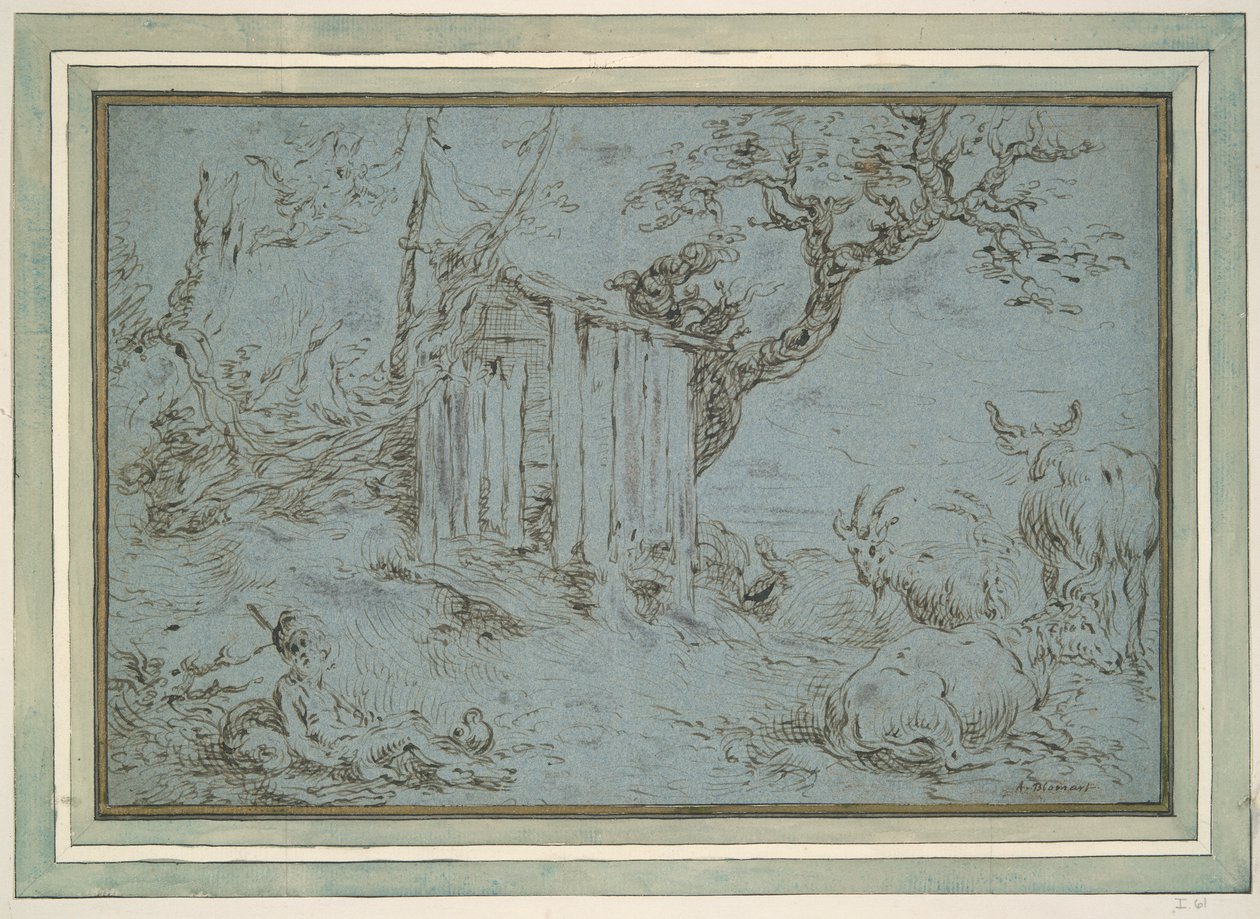 Paisagem com Mercúrio se aproximando de um pastor (reto); Cabeça de Animal (verso) de Unknown