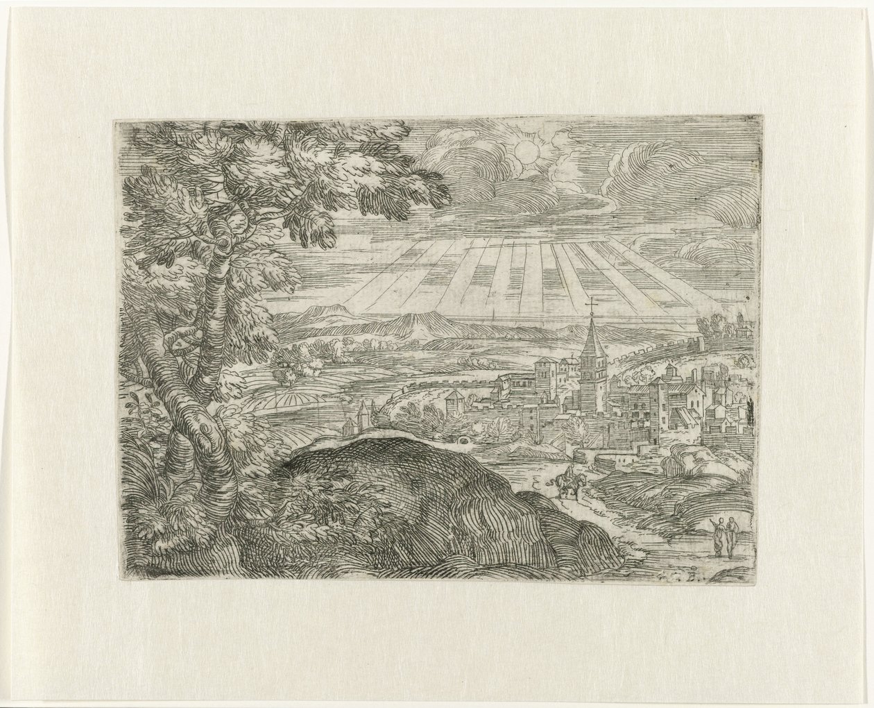 Paisagem com vista para a cidade e sol radiante de Unknown