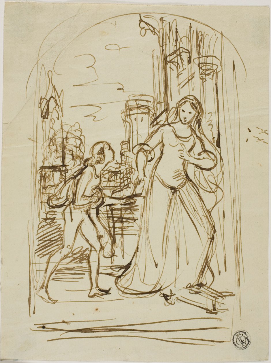 Ilustração literária: Senhora medieval com página (anverso); esboços de figuras (verso) de Unknown