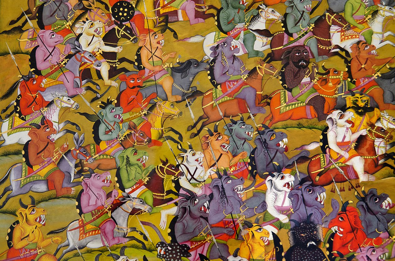 Pintura de Marwar: Detalhe dos demônios se preparar para a batalha contra a deusa Durga, museu do palácio rnMehrangarh Fort, rnJodhpur, Rajastão, Índia de Unknown