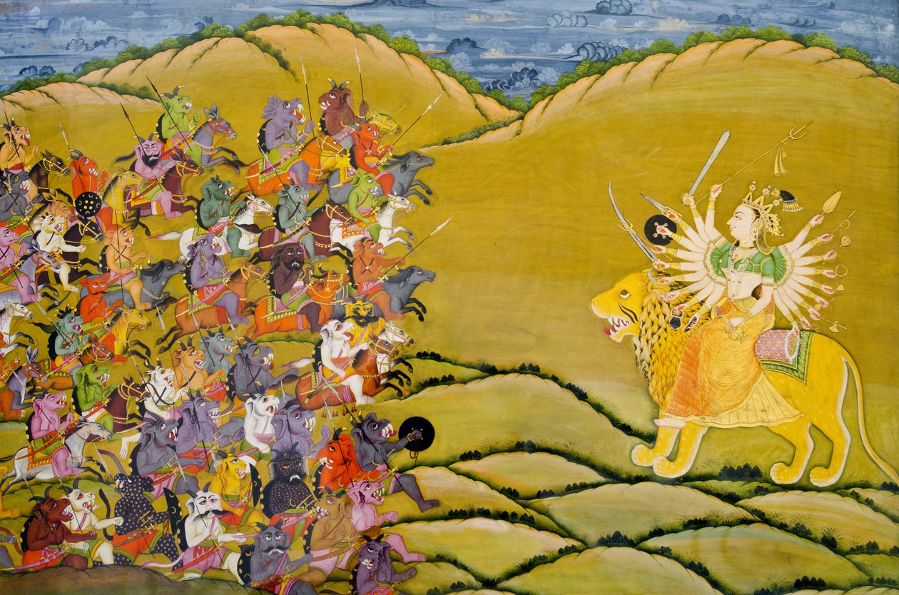 Pintura de Marwar: Os demônios se preparam para a batalha contra a deusa Durga, museu do palácio do Forte de Mehrangarh, Rajastão, Índia de Unknown