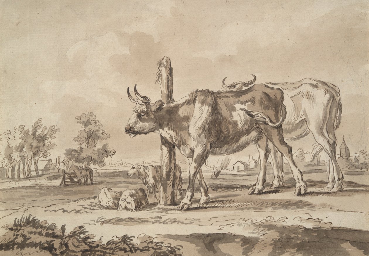 Prado com vacas e ovelhas de Unknown