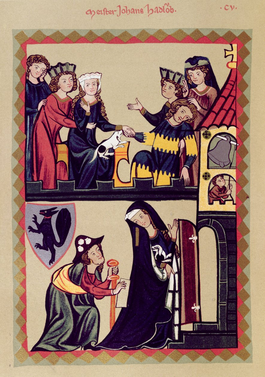Meister Johannes Hadloub, ilustração de um fac-símile do Manesse Codex ou Grosse Heidelberger Liederhandschrift, feita em Zurique c.1305-40 de Unknown