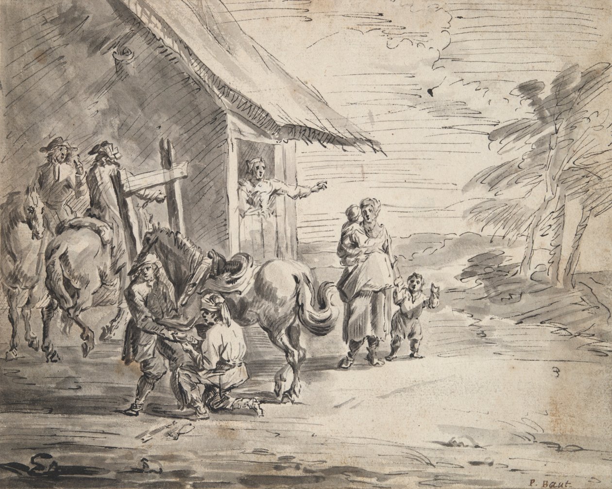 Homens ferrando um cavalo fora de um Country Inn de Unknown