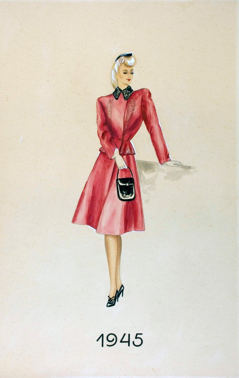 Modelo de fato, segurando uma mala de mão, 1945 de Unknown