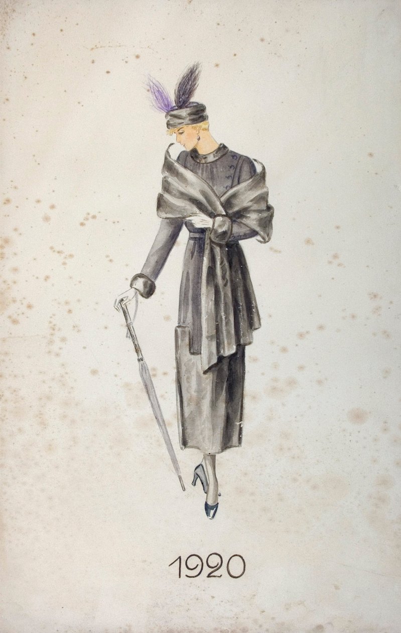 Modelo usando um casaco e um chapéu com penas, carregando um guarda-chuva, 1920 de Unknown
