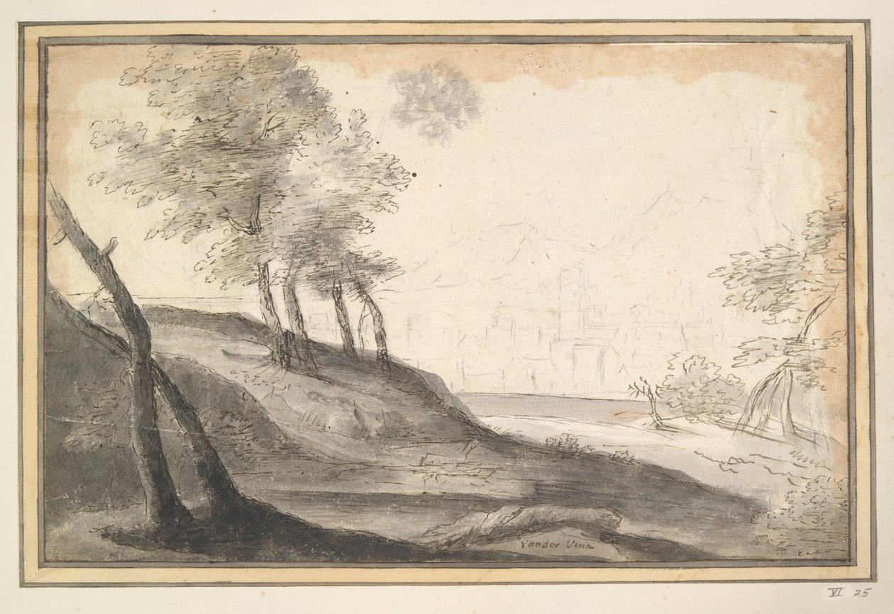 Paisagem montanhosa com árvores e cidade à distância de Unknown
