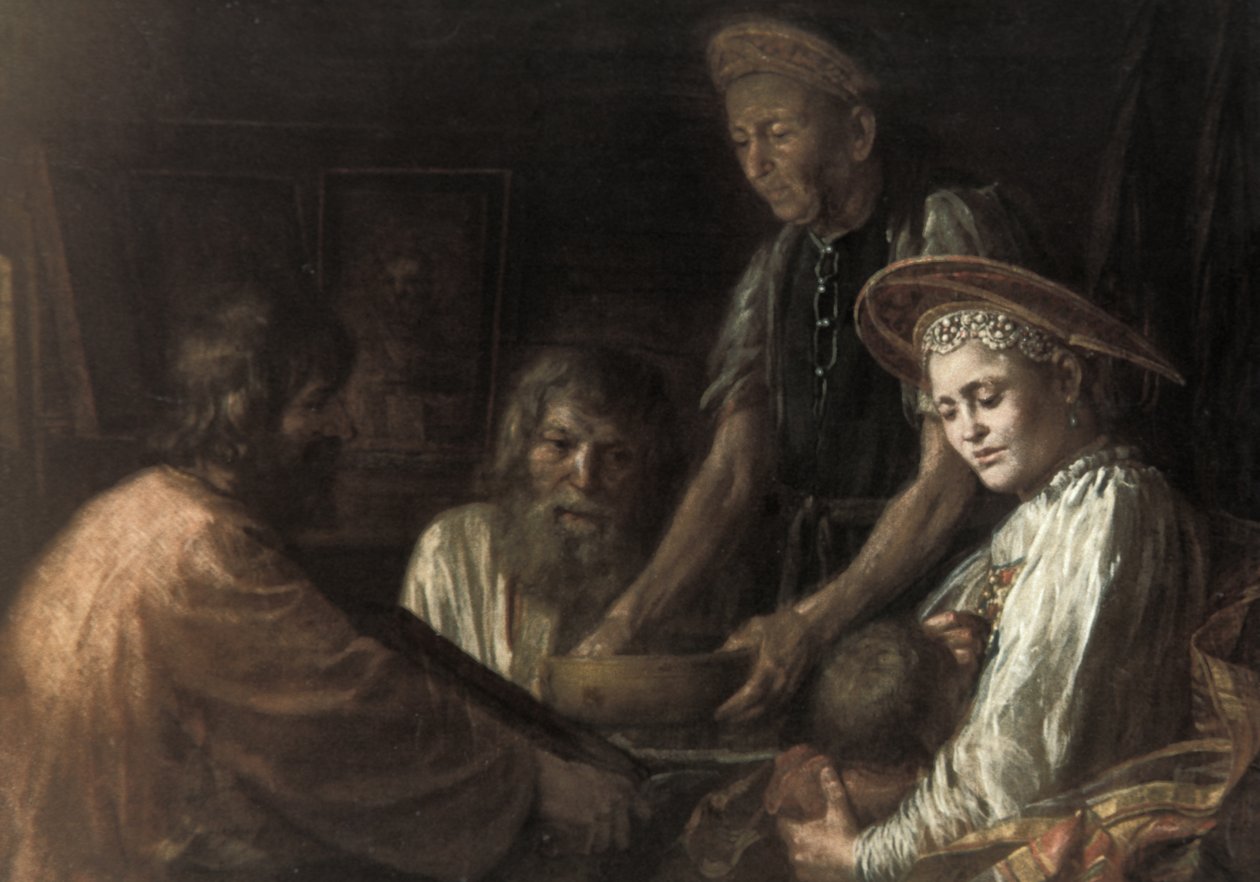 Camponeses que jantam uma pintura por Mikhail Shibanov, 1774. de Unknown