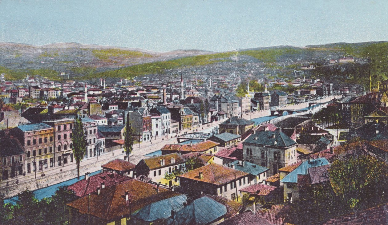 Postal representando Sarajevo e o Appel Quay, 1913 de Unknown