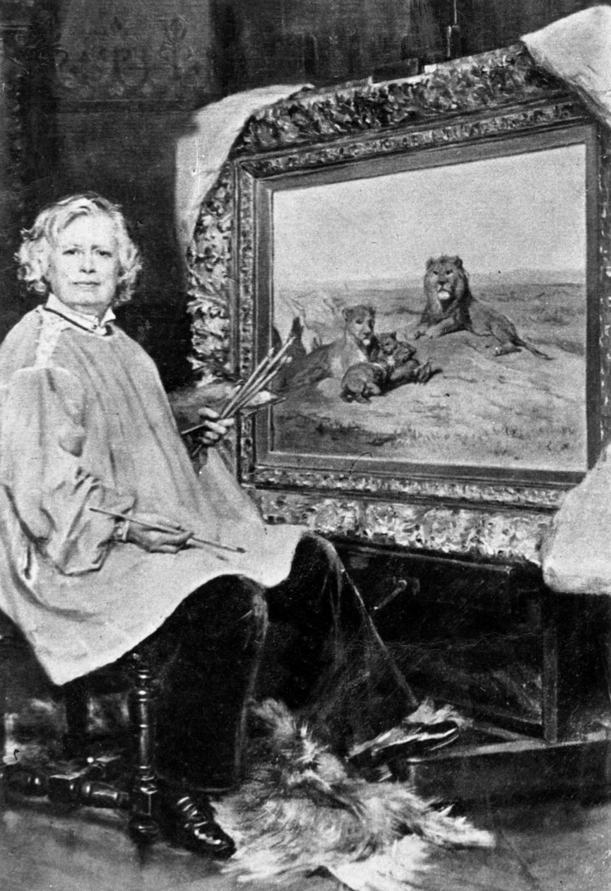 Rosa Bonheur (1822-1899) pintor de vida selvagem francesa aqui na frente de uma de suas telas representando leões c. 1875 de Unknown