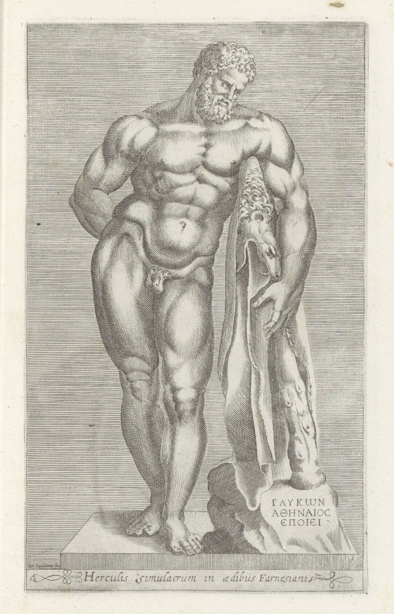 Sculptuur van Hercules
Hercules Farnese
Herculis simulacrum in aedibus Farnesiani (título sobre o objecto)
Escultor antieke em Roma (título da série)
Antiquarum statuarum urbis Romae quae in publicis locis visuntur icones (título da série) de Unknown