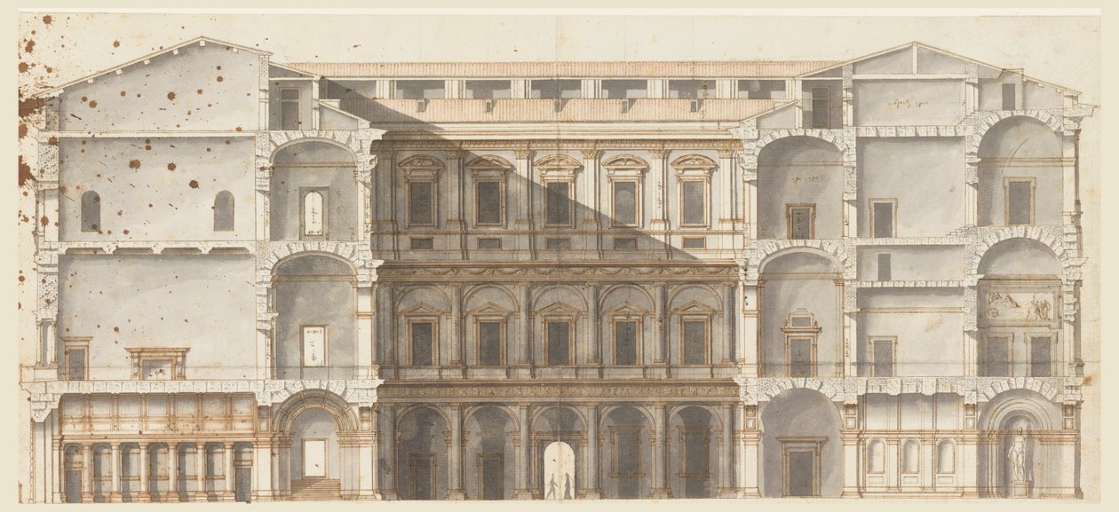Seção das Asas e Elevação de um Muro na Corte, Palazzo Farnese, Roma de Unknown