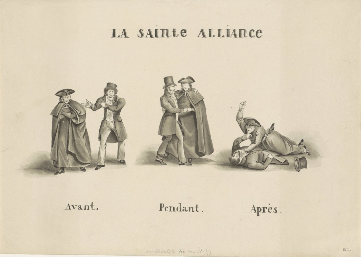 Desenho animado sobre a aliança feita entre o partido clerical católico romano e o partido Liberal contra o governo holandês, 1828
La Sainte Alliance (título sobre o objecto) de Unknown