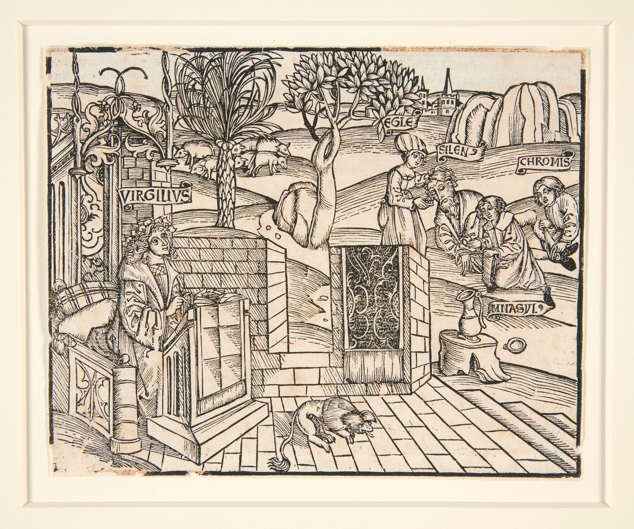 Os Shepherds Chromis e Mnasyle Tying Up the Sleeping Silenus. 1502. A partir de uma publicação ilustrada de Virgil de Unknown