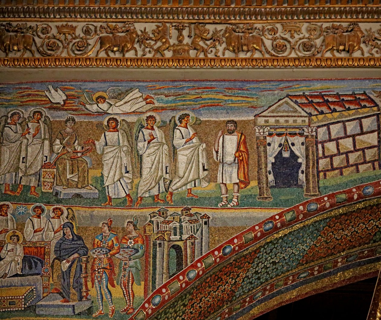 A mão esquerda do arco da abside (Arco do Triunfo) com a Natividade - Joseph recebe uma explicação de Unknown