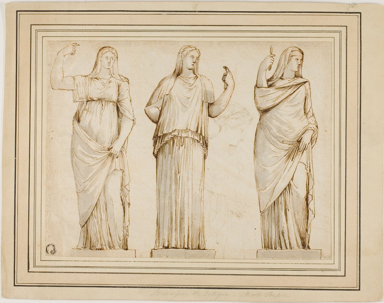 Três estátuas romanas de figuras femininas drapeadas e esboço de outra estátua em perfil à direita de Unknown