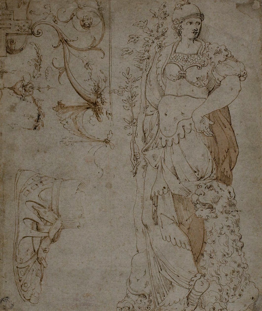 Três Esboços: Fortitude, Sandália e Grotescos (reto); Esboços de grotescos e couraça romana (verso) de Unknown