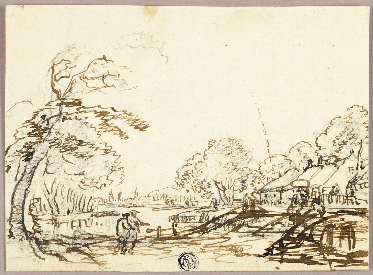 Duas figuras ao longo do rio perto de pontes e casas (anverso); duas figuras na ponte a olhar para um homem no poço (verso) de Unknown